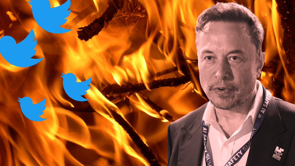 Elon Musk superimposed over a fire with Twitter logo birds flying away.